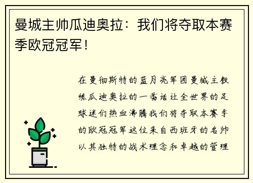 曼城主帅瓜迪奥拉：我们将夺取本赛季欧冠冠军！